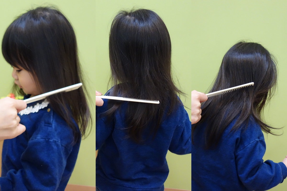 プロ直伝！自宅でも失敗しない赤ちゃん筆用ヘアカット方法：髪の毛をクシで揃えながら切る部分を決める